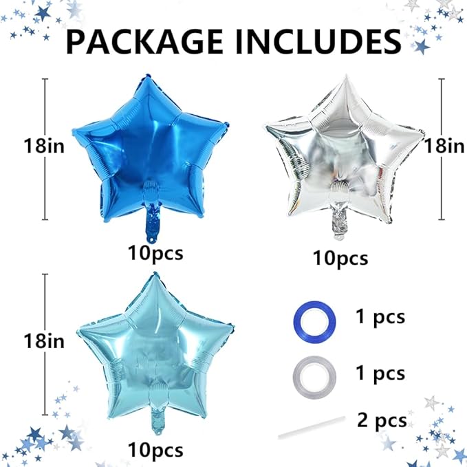 TONIFUL 30Pcs 18 Inch Large Blue Silver Star Shape Foil Balloons Big Stars Helium Mylar Ballons for Birthday Wedding Baby Shower Anniversary Engagement Party Decorations Supplies