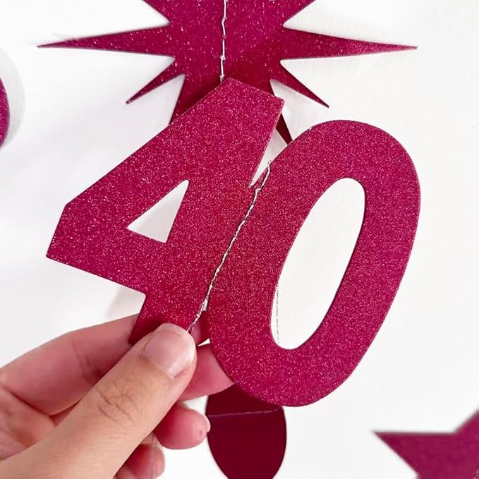 Burgundy 40th Birthday Decorations Number 40 Circle Dot Star Garland Glitter Streamer Banner Backdrop for Women Men Forty Fabulous Cheers to 40 Years Old Birthday 40th Anniversary Party Supplies