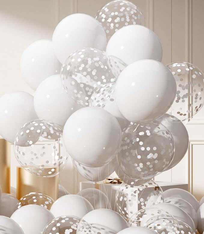 AULE Party Balloons Pack of 42-12in White Confetti Balloons & White Latex Balloons and 64ft Ribbons - 12 Inches Balloons Decorations Set