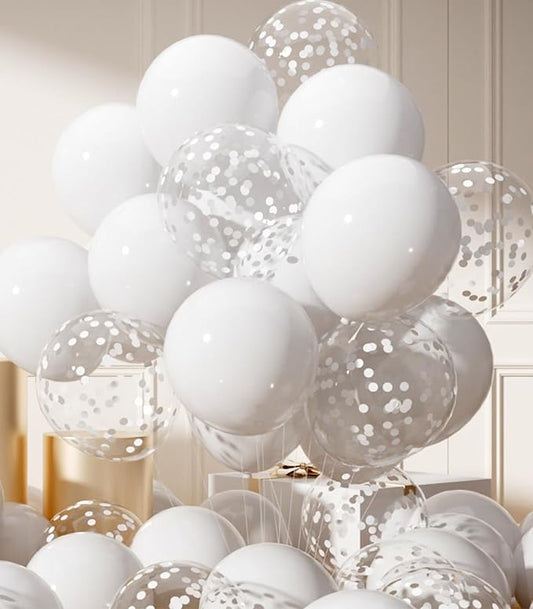 AULE Party Balloons Pack of 42-12in White Confetti Balloons & White Latex Balloons and 64ft Ribbons - 12 Inches Balloons Decorations Set
