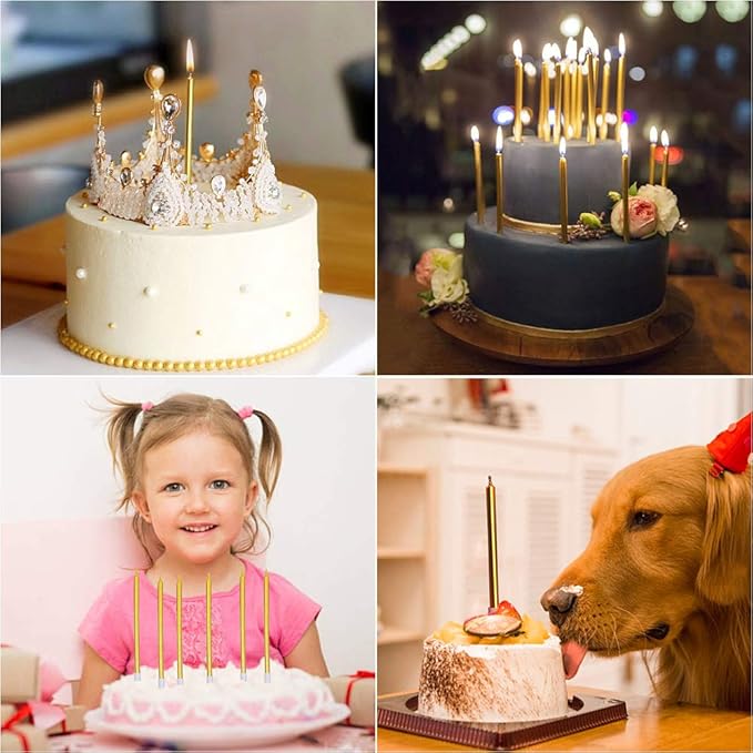 12 Count Long Thin Champagne Gold Birthday Cake Candles in Holders for Birthday Wedding Party Cupcake Decorations Tall Candle Pieces