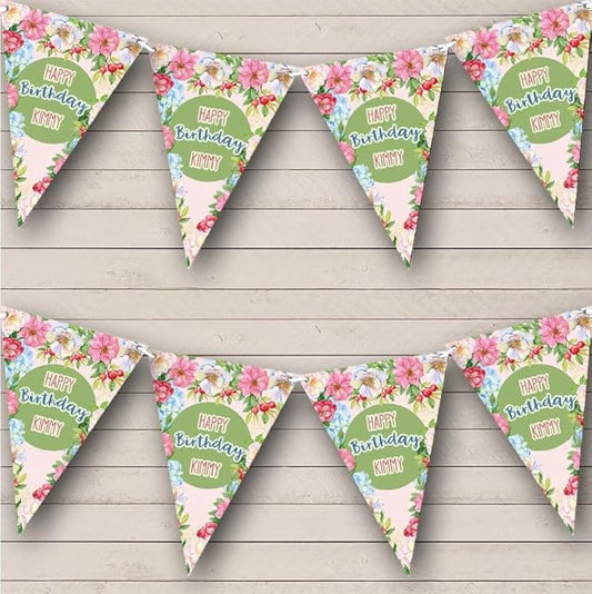 Happy Colourful Vintage Style Flowers Personalized Birthday Party Bunting - Hanging Party Decoration - Birthday Party Banner Garland | Decorative Party Supplies