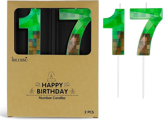 Pixel Birthday Candle, 2.68 Inch Miner Number Candles, Game Themed Candle Birthday Decoration for Pixel Theme Birthday Anniversary Dynamite Video Game Party (Green, 17)