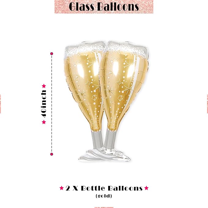 Bachelorette Party Balloons Set – 2 Champagne Bottles, 2 Champagne Glasses & 4 Diamond Ring Balloons – Engagement, Bridal Shower, Hen Party Decorations (2 Pac)