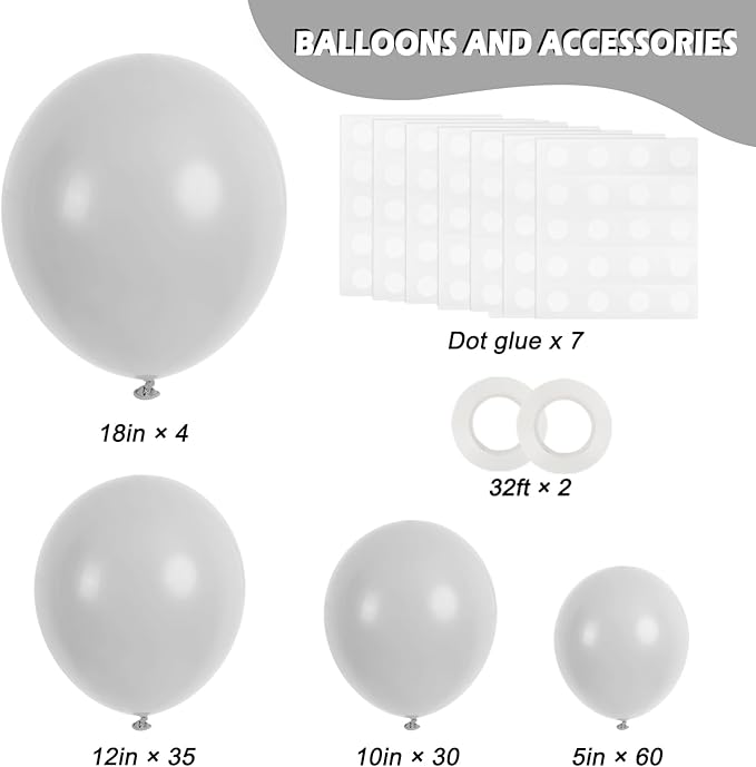 RUBFAC 129pcs Gray Balloons Different Sizes 18 12 10 5 Inches Matte Grey Latex Balloon Garland Arch Kit for Birthday Party Graduation Baby Shower Wedding Holiday Decoration