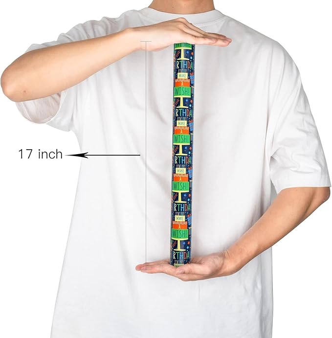 MAYPLUSS Reversible Birthday Wrapping Paper Mini Roll - 17In x 16.5Feet - Colorful Happy Birthday Lettering,Cake,Candle Pattern Kid Boys Party Gift Wrap Present Paper for Baby Shower, Holiday