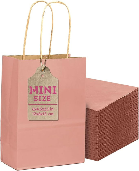qiqee 24 Pcs Bright Pink Mini Paper Gift Bags with Handles 6"x4.5"x2.5" Small Brown Kraft Party Favor Bags Treat Bags Multiple Uses (Mini size)