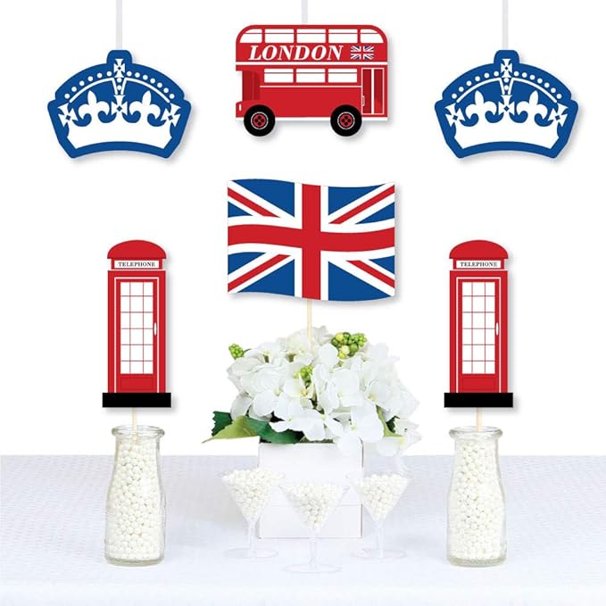Big Dot of Happiness Cheerio, London - Union Jack Flag, Double-Decker Bus, Crown and Red Telephone Booth Decorations DIY British UK Party Essentials - Set of 20