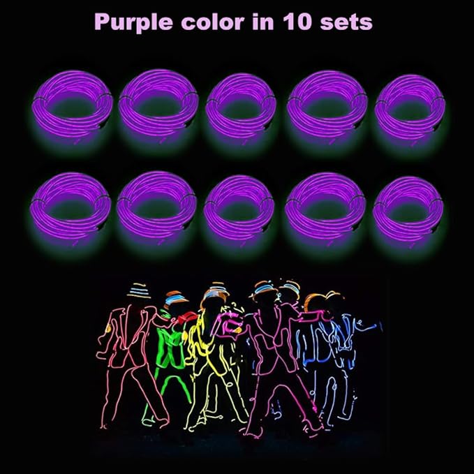 MaxLax EL Wire Purple 10-Pack, 16.4ft/5m Neon Light Wire with Noise Reduction and Battery Pack…