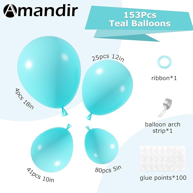 Amandir 153pcs Teal Balloons Arch Garland Kit Different Sizes 18 12 10 5 Inch Turquoise Dark Teal Blue Aqua Latex Balloon for Birthday Wedding Gender Reveal Engagements Mermaid Pool Party Decorations