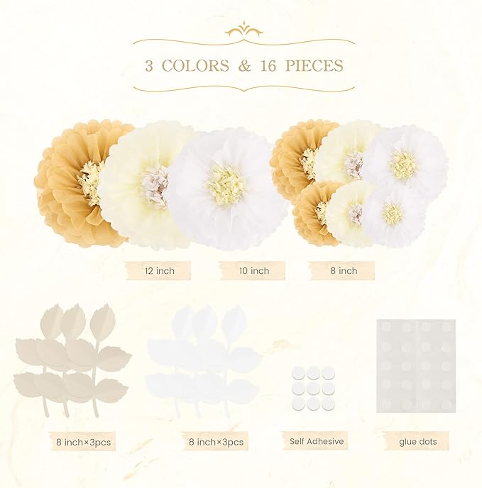 Fonder Mols Tissue Paper Chrysanth Flowers with Butterfly and Olive Leaves for Wedding Baby Shower Nursery Room Parties & Events Decorations Pom Poms (White Ivory Khaki)
