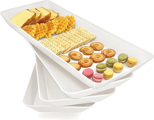 Serving Tray Platter Rectangle, 4 Pcs Long Narrow Food Tray for Veggie Fruit Snack Dessert, Plastic White Food Trays for Party Supplies Display, Rectangular Platters for Serving Food, BPA Free