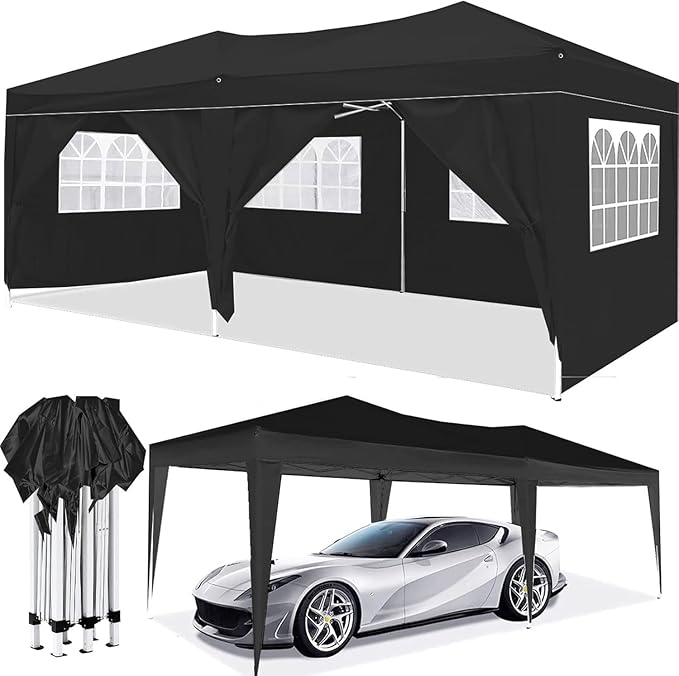 10x20 Pop Up Canopy Tents for Parties, Portable Outdoor Tent with Carry Bag & 4 Sandbags, for Wedding, Patio Events, Commercial, Birthday, Graduation (Black, 10x20)
