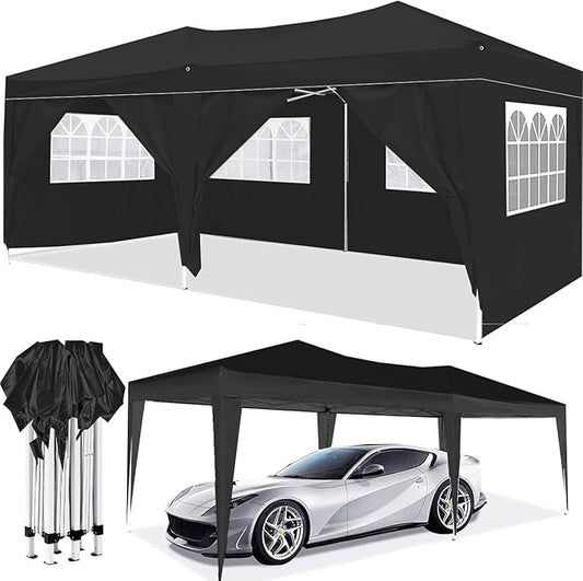 10x20 Pop Up Canopy Tents for Parties, Portable Outdoor Tent with Carry Bag & 4 Sandbags, for Wedding, Patio Events, Commercial, Birthday, Graduation (Black, 10x20)