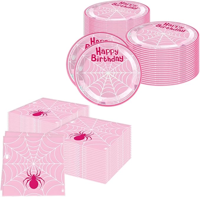 Pink Spider Party Tableware, Spider Pink Ghost 20 Plates 20 Paper Napkins and 51''x86'' Tablecloth，Super Girl Birthday Party Supplies