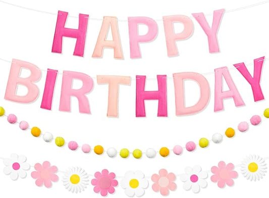 Mindsoft Pre Strung 3 Pcs Happy Birthday Banner Felt Ball Garland Pink and White Flower Banner Reusable Bulk Pink Birthday Decorations for Girls Boys Women Men