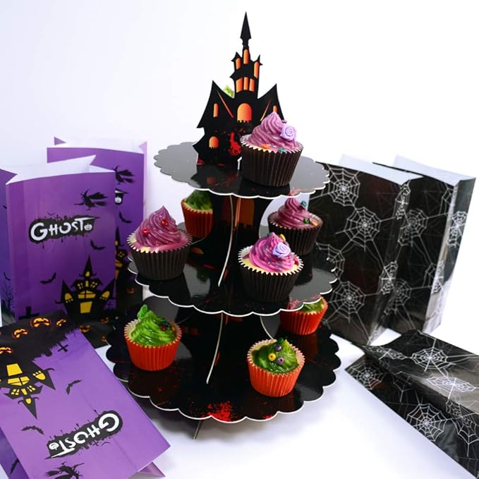 Halloween Party Supplies 3 Tier Cupcake Stand Cardboard Cake Stand Gothic Tower for Halloween Party Decorations