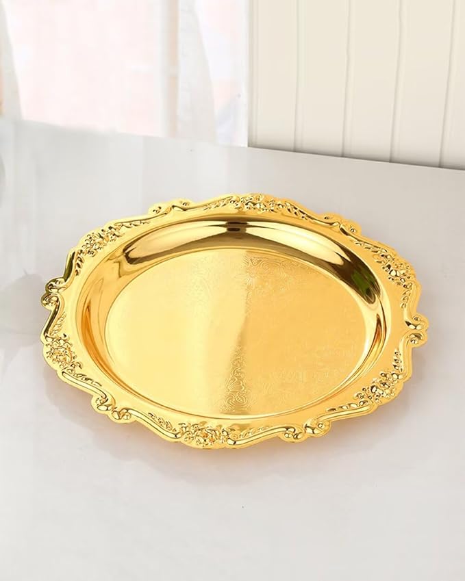 Round Decorative Tray 9.8in Metal Dessert Plates Vintage Coffee Table Tray for Snacks Fruit Gold