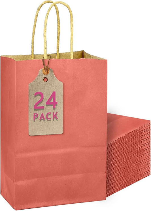 qiqee Rose Red Gift Bag with Handles Bulk 24Pcs Paper Bags -10.6"x8.3"x4.3"Party Favor Bags - Solid Color