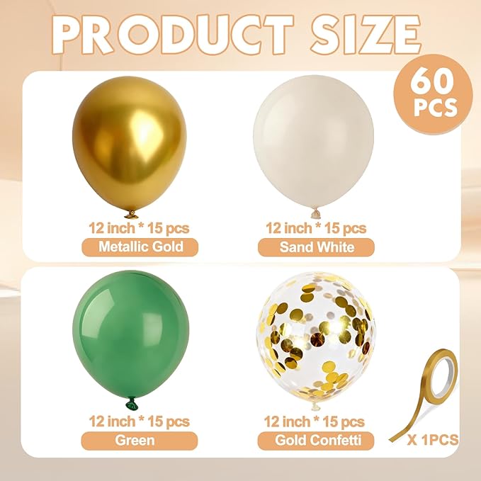 Sage Green Balloons Green and White balloon, 60 Pcs 12 Inch Latex Confetti Metallic Balloons with 1 Ribbon, Green and Gold Balloon for Birthday Wedding Bridal Shower Party Decorations