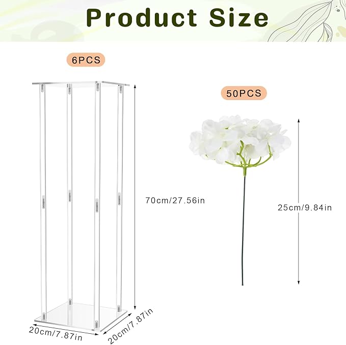Geetery Tall Acrylic Wedding Flower Stand Centerpieces Clear Elegant Vase Column Stand with Artificial Hydrangea Flowers for Wedding Party Table Home Decorations(6 Pcs,28 Inch)