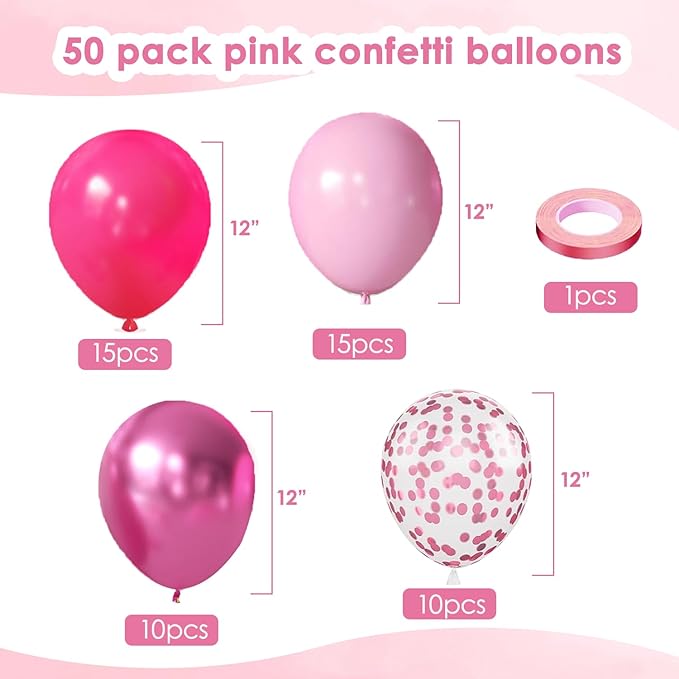 Pink Balloons Hot Pink Balloons, 50pcs Light Pink Metallic Chrome Dark Pink Confetti Latex Party Balloons for Girls Women Birthday Bridal Shower Wedding Princess Party Decorations