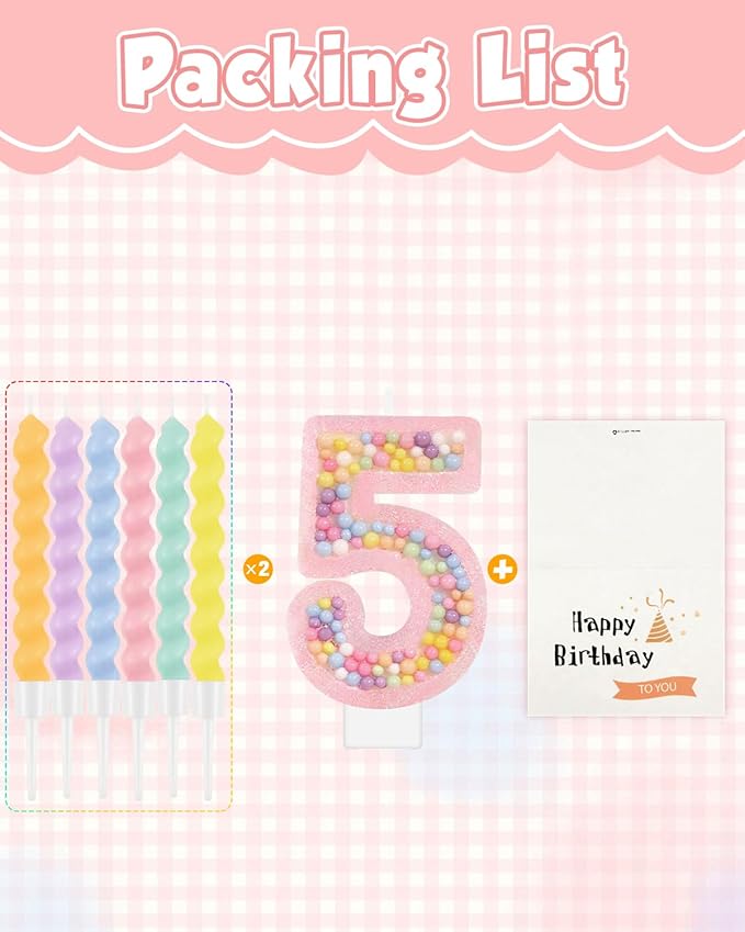 Birthday Candles for Cake, Macaron Number Candles, Cake Candles with Greeting Card for Birthday Party Wedding Anniversary Celebrations (5 Candle)