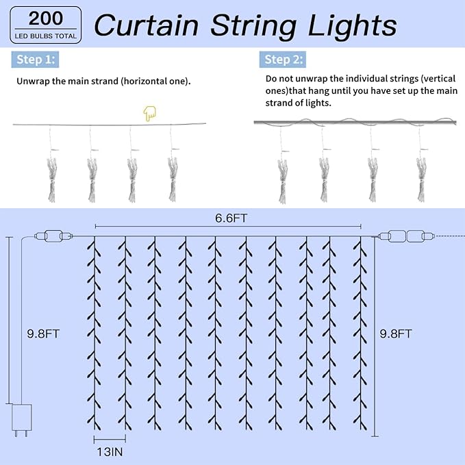 300 LED Curtain String Lights 9.8 * 9.8FT Plug in Fairy Lights with Timer and 8 Modes, Waterproof Window Wall Lights for Bedroom Wedding Party Indoor Outdoor Christmas Decor