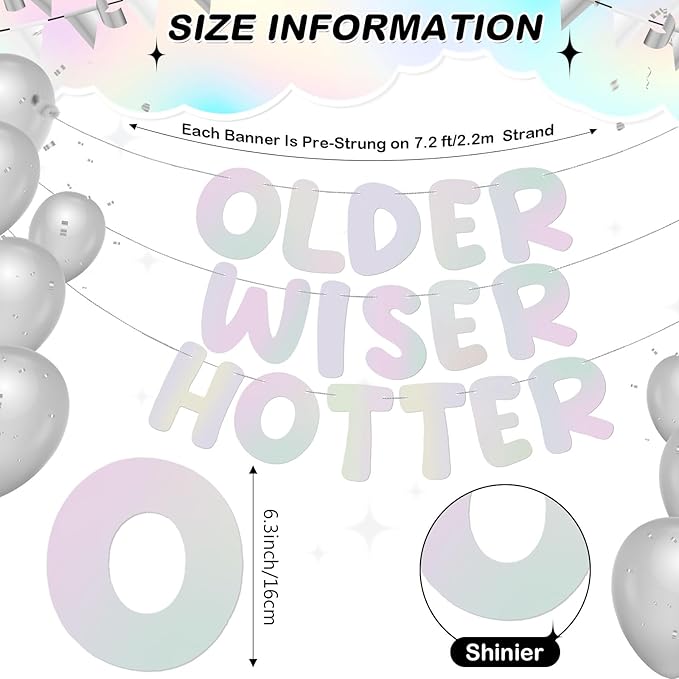 Fulmoon Set of 3 Pre Strung Older Wiser Hotter Glitter Banner Funny Birthday Banner for Women 30th 40th 50th 60th 70th 80th Birthday Party Decorations Sign Gift(Iridescent)