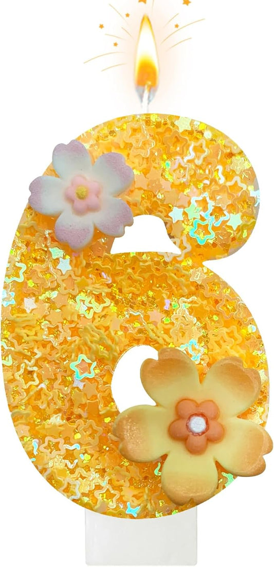 Yellow Birthday Candle, Flower Number Birthday Candles for Cake, Ideal Birthday Parties Cake Decor, Wedding Anniversary and Other Celebrations (6 Candle, Yellow)