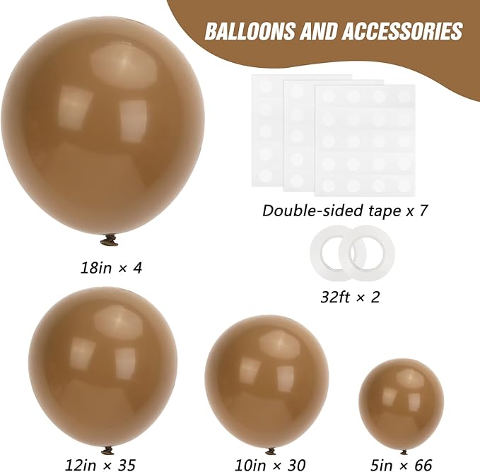RUBFAC 135pcs Brown Balloons Different Sizes Pack of 18 12 10 5 Inch, Latex Boho Neutral Coffee Tan Balloon Garland Arch Kit for Baby Shower Jungle Safari Fall Birthday Bear Themed Party Decorations