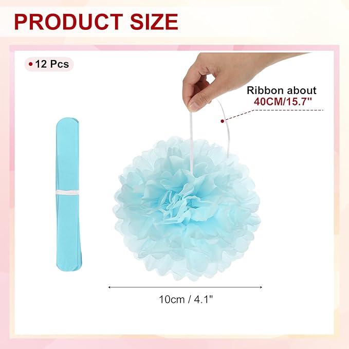 PATIKIL 4inch Tissue Paper Pom Poms, 12PCS Pom Poms Paper Flowers Ball Tissue Paper Flowers for Wedding Bridal Shower Birthday Bachelorette Party Backdrop Decoration, Light Blue