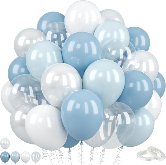 Light Blue Balloons Set, 60PCS Double Stuffed Pearl White Balloons, 12 Inch Dusty Haze Dusty Blue White Transparent Balloon Helium for Boys Birthday Wedding Baby Shower Gender Reveal Party Decoration