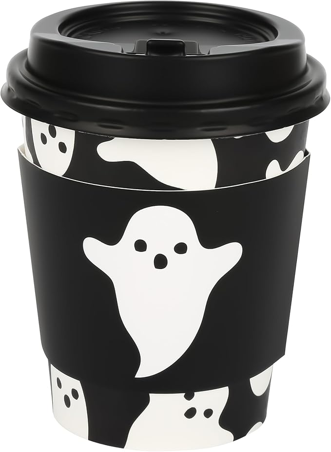 AimFun 50Pcs Halloween Ghost Disposable Coffee Cups with Lids and Sleeves 8oz Ghost Spooky Paper Party Cups Black White Boo Cold Hot Drinking Cups for Birthday Halloween Party Supplies (Black Ghosts)