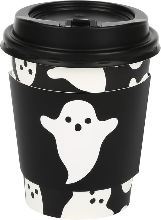 AimFun 50Pcs Halloween Ghost Disposable Coffee Cups with Lids and Sleeves 8oz Ghost Spooky Paper Party Cups Black White Boo Cold Hot Drinking Cups for Birthday Halloween Party Supplies (Black Ghosts)