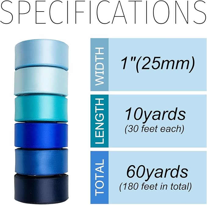 Satin Ribbon 1 Inch Wide Assorted Solid Color Double Faced - Navy, Royal, Light Blue - 60Yds for Flower Bouquet Wedding Invitation Crafts Gift Wrapping Hair Bows