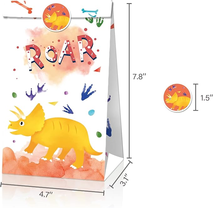 24Pcs Dinosaur Party Favor Bags with 36 Stickers, Watercolor Dino Kraft Paper Gift Bags ,Jurassic Dino Goodie Bags for Kids Birthday,Baby Shower, Dinosaur Themed Party Supplies Decorations