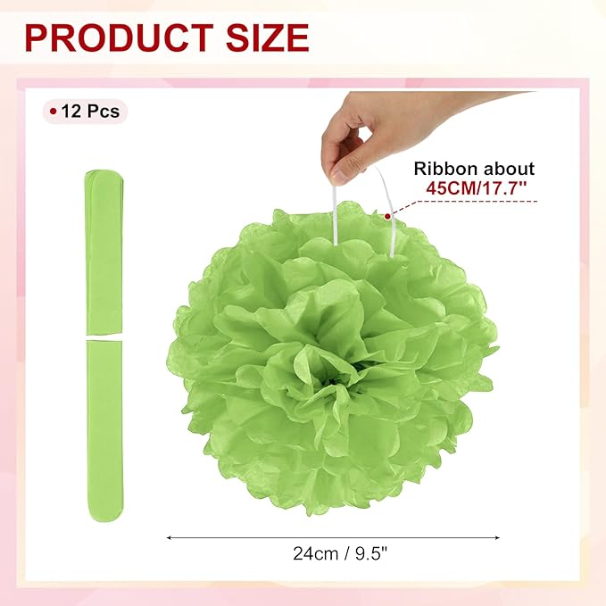 PATIKIL 10inch Tissue Paper Pom Poms, 12PCS Pom Poms Paper Flowers Ball Tissue Paper Flowers for Wedding Bridal Shower Birthday Bachelorette Party Backdrop Decoration, Light Green
