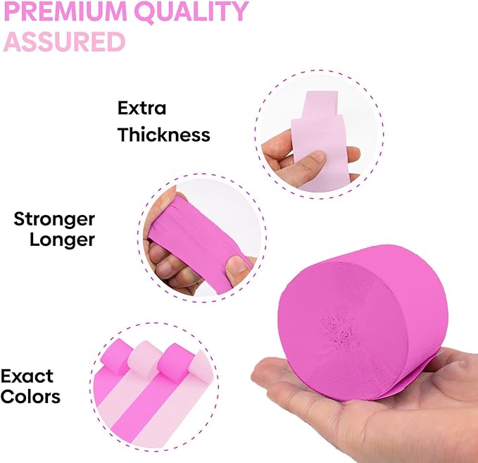 Captain Décor 4 Hot Pink Streamers, 328ft Crepe Paper Streamers Rolls for Party Decorations, Birthday, Party and Wedding Decoration (1.8 inch x 82 ft/Roll)
