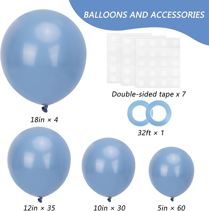 RUBFAC Dusty Blue Balloons 129pcs Different Sizes Pack of 18 12 10 5 Inch, Latex Boho Neutral Blue Balloon Garland Arch Kit for Wedding Engagements Anniversary Baby Shower Birthday Party Decorations