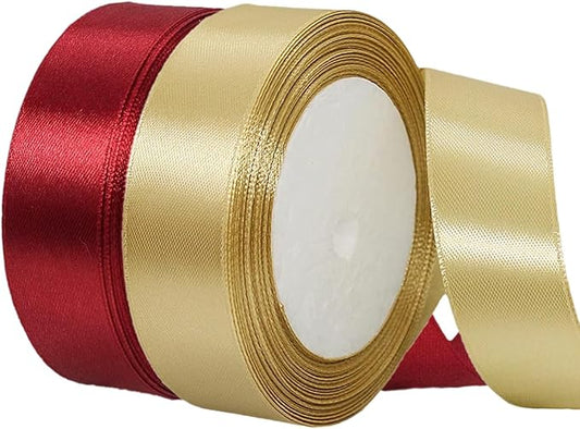 Gold Christmas Ribbon, Gold Burgundy Satin Ribbon 1 Inch 50 Yards Fabric Ribbons for Christmas Party Decorations, Gift Wrapping, Tree Ornaments, Bouquets, Door Wreaths, Bows Making and DIY Crafts