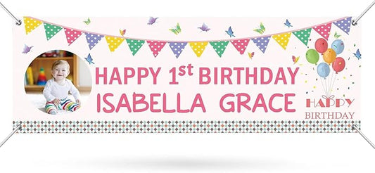 Happy Birthday Banner Personalized Name Photo Age Custom Birthday Banners and Signs Customize for Birthday Party Decoration 6'x2'