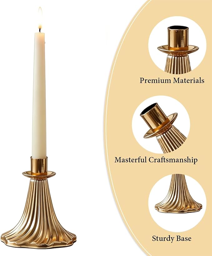 Taper Candle Holders Set of 4 - Victorian Style Gold Vintage Modern Decor, Table Mantel Centerpiece for Wedding Housewarming, Fits Standard Taper Candles