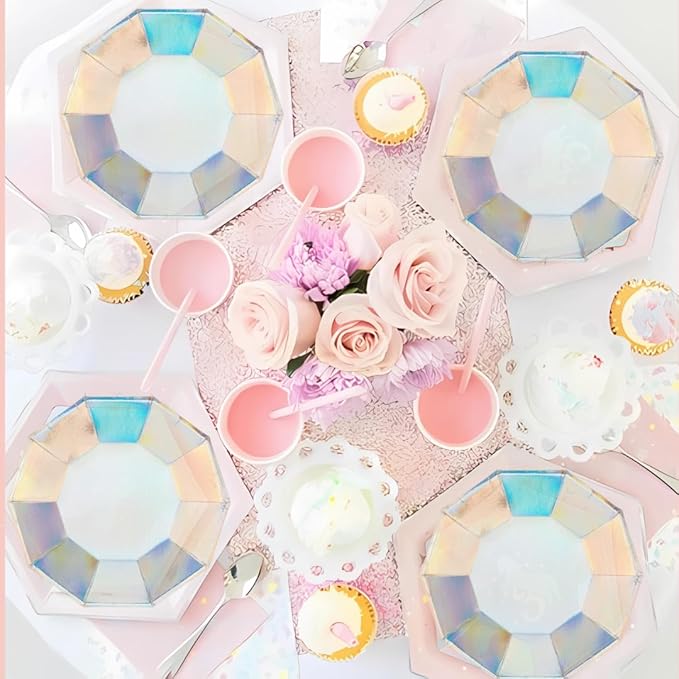 Andaz Press 50 Piece Iridescent Party Plates, Cups and Lunch Napkins Set, Bulk Tableware Set, Iridescent Party Decorations Theme Supplies, Holographic Silver Decorations Tableware Kit