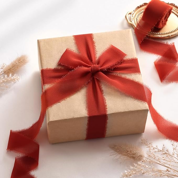DORIS HOME Terracotta Chiffon Ribbon for Flower Bouquet, 1" x21Yd Fabric Ribbon for Gift Wrapping, Handmade Frayed Ribbon for Wedding Invitations/Christmas Decorations
