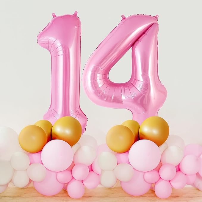 Pink Number 14 Balloon, 40 Inch Big Large Foil Helium Number Balloons, Giant Mylar Number 14 Balloons for 14 Years Old Birthday Party Decorations Supplies Anniversary