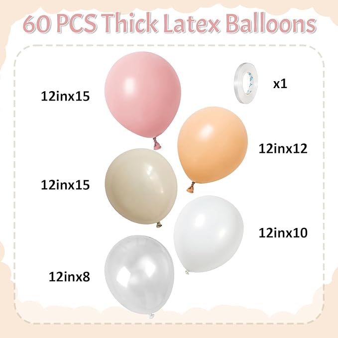 HILAVO Blush Pink Balloons 60 Pcs 12 Inch Dusty Pink White Sand Latex Balloon Retro Pink Nude Cream Clear Balloons for Bridal Baby Girls Shower Boho Bachelorette Birthday Wedding Party Decorations