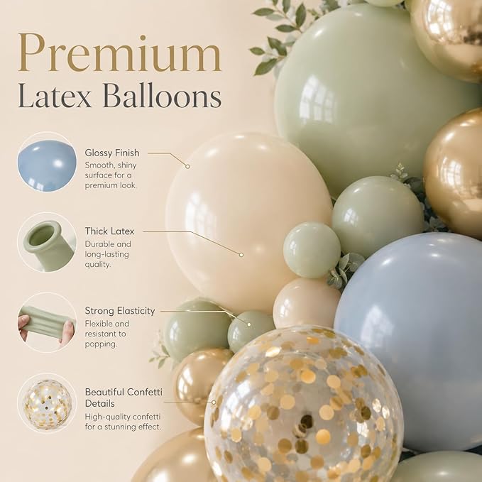 Jobkoo 122Pcs Dusty Blue Sage Green Balloon Garland Kit, Dino Green Slate Blue Beige Metallic Gold Confetti Balloon Arch Kit for Boho Birthday Woodland Safari Baby Shower Party Decorations