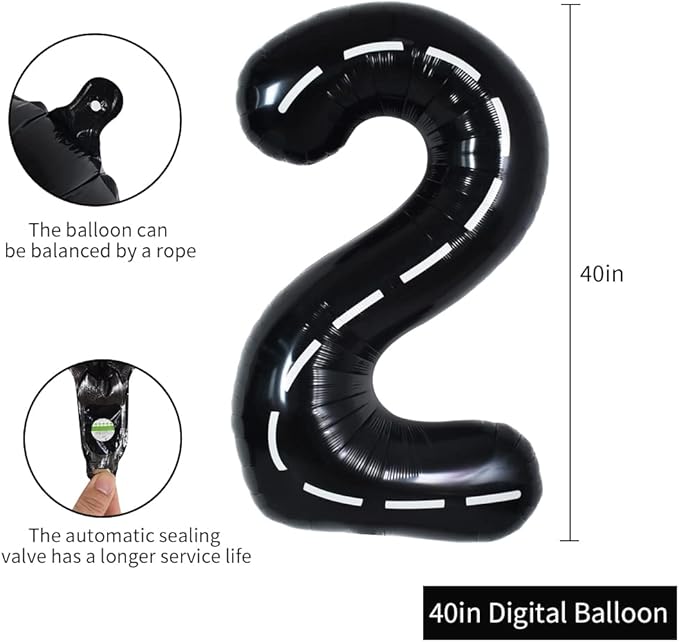 TONIFUL Race Car Black Balloons Car Birthday Party Supplies,40 Inch Giant Jumbo Helium Foil Mylar Big Number 2 Digital 2 Balloons for Boy's Birthday Party Truck Race Car Theme Party Decorations