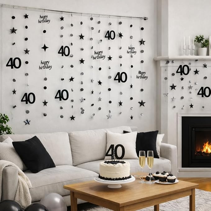 GCQQ Black 40th Birthday Decorations - 14M/46FT Mirror Star Garlands with Happy Birthday Number 40 Hanging Paper Streamer Banner 4 Packs Women Mens Dirty 40 Year Old Backdrop for Him & She